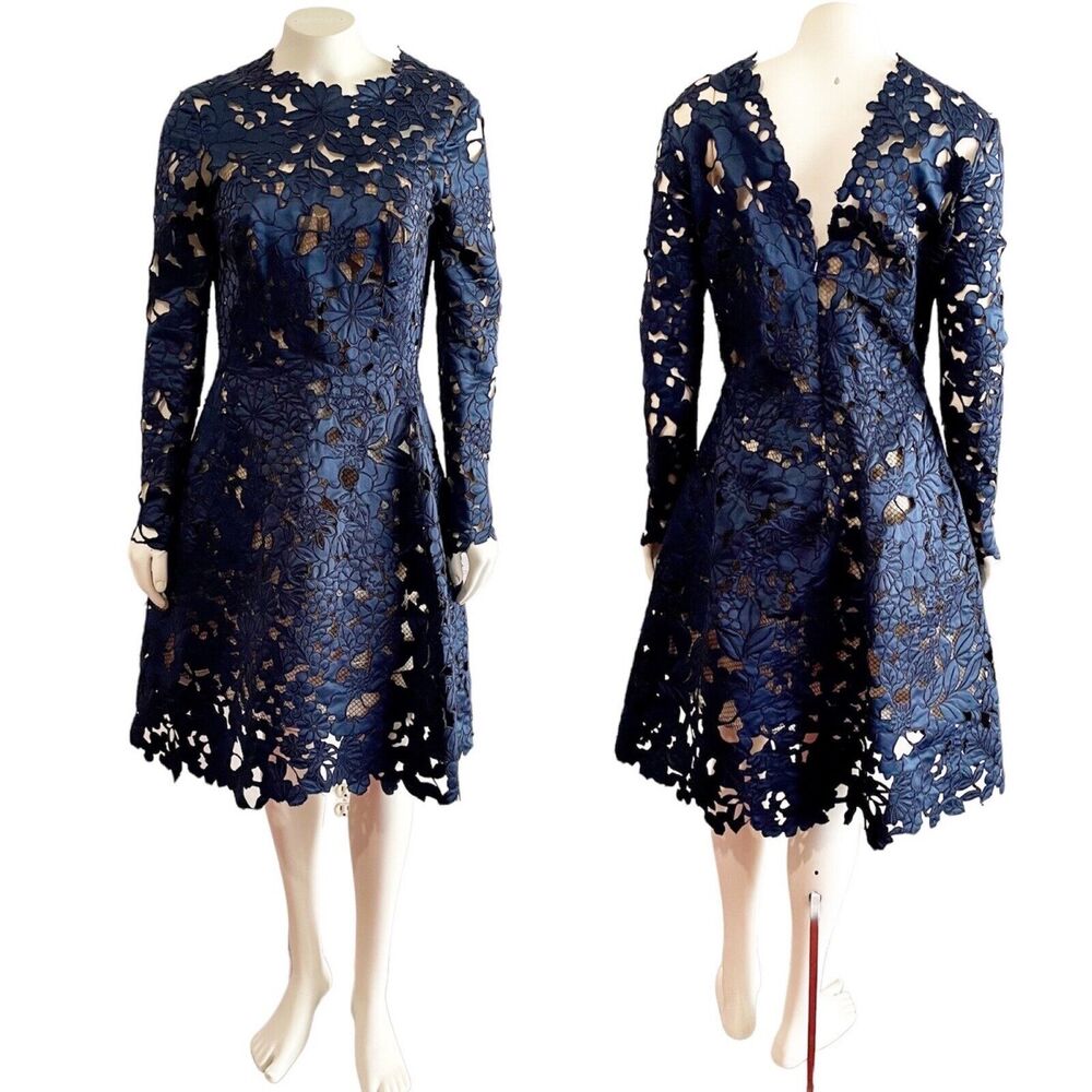 Oscar De La Renta Long-Sleeve Floral-Guipure Fit-and-Flare Cocktail Navy Dress